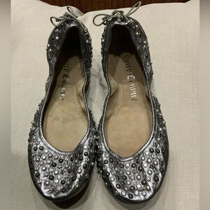 New Juicy Couture Silver Studded Leather Flats 8 Ballet Style